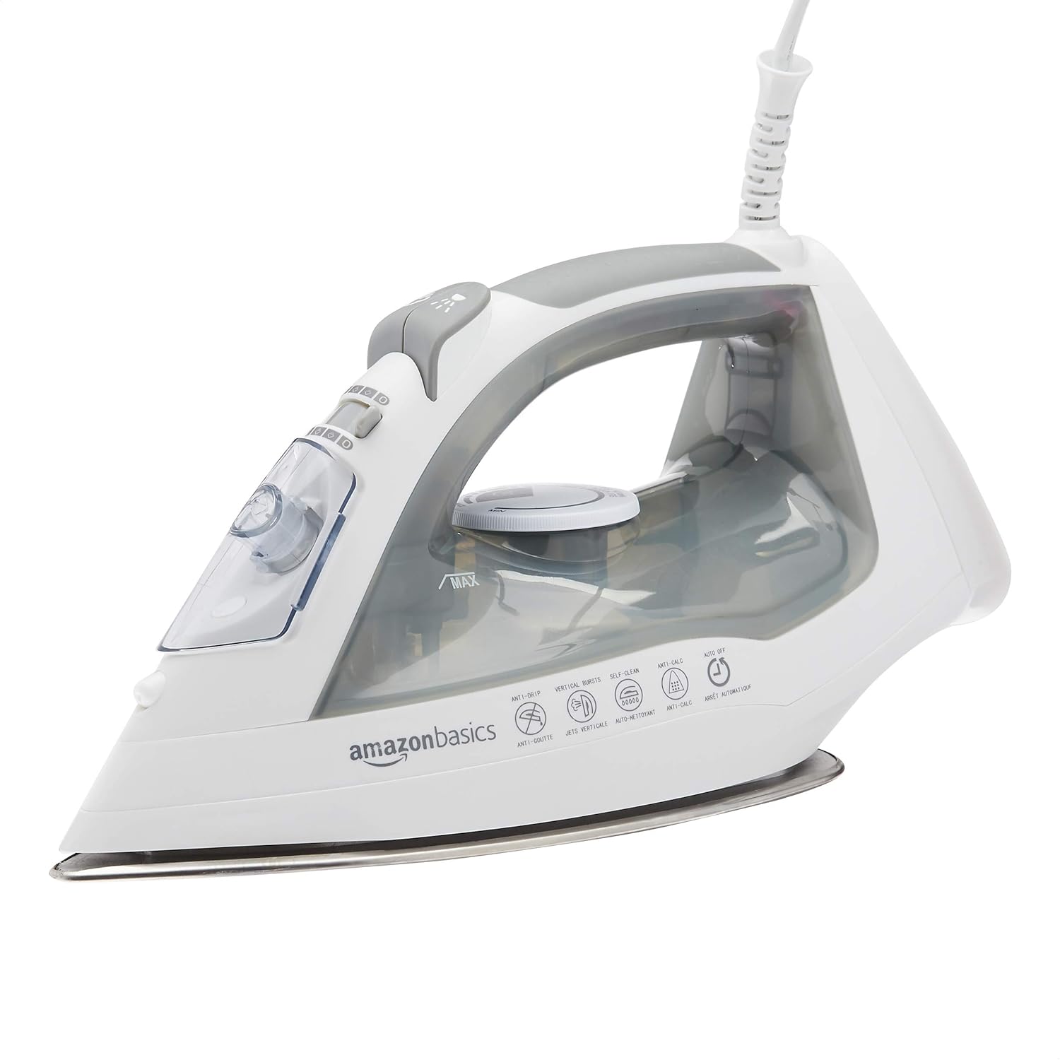 Amazon Basics Steam Iron in use on a cotton shirt