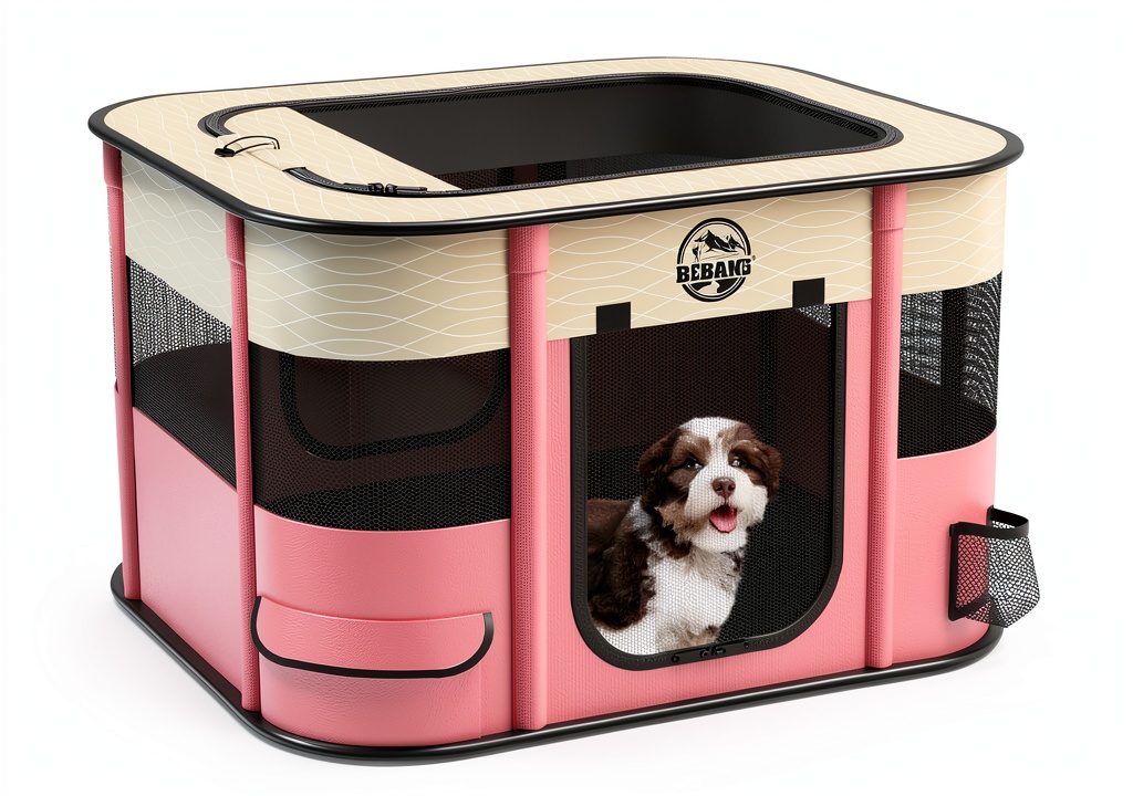 Installing BEBANG Portable Pet Playpen for Cats and Dogs on a wooden deck