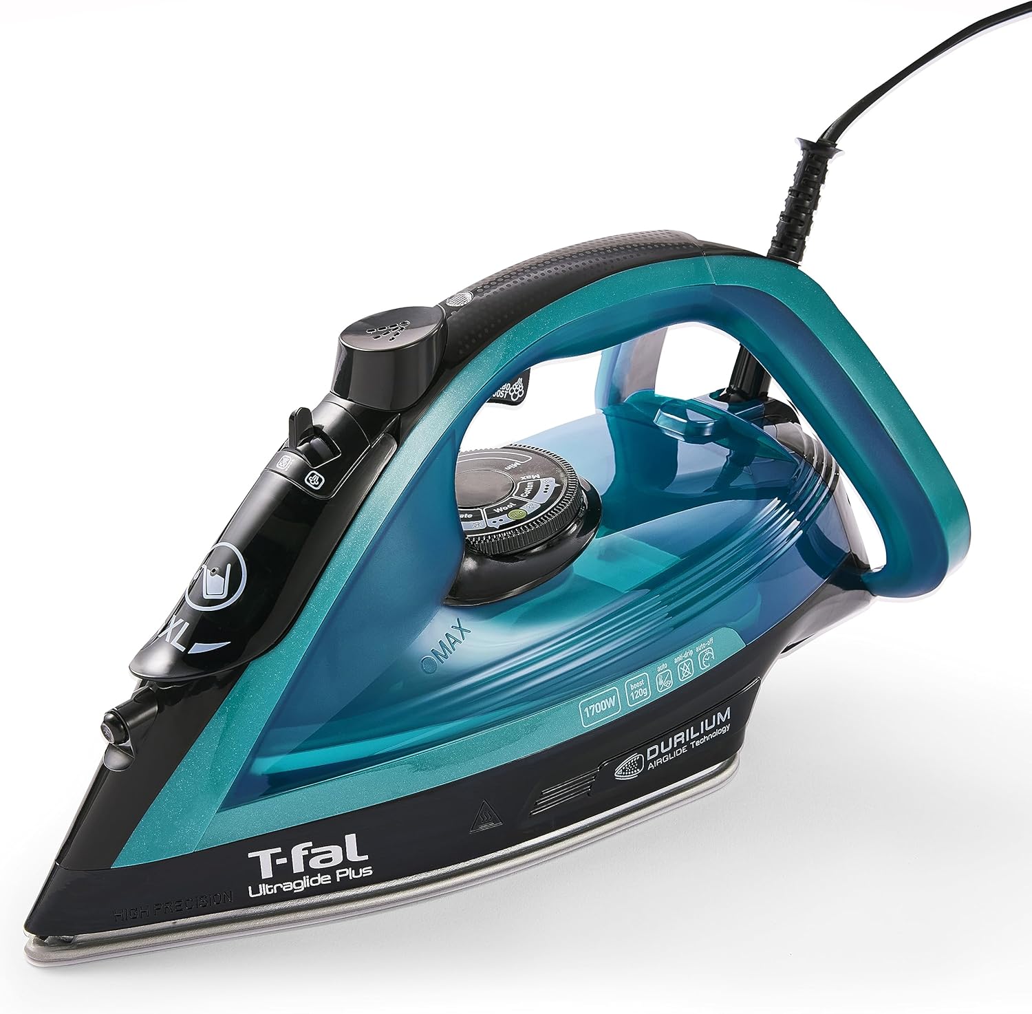 T-Fal Ultraglide steam iron in use on a clothing rack