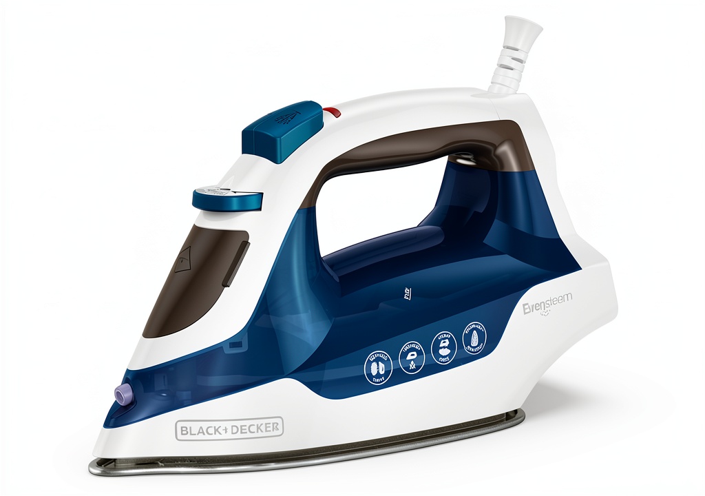 BLACK+DECKER IR06V steam iron in use on a hanging shirt